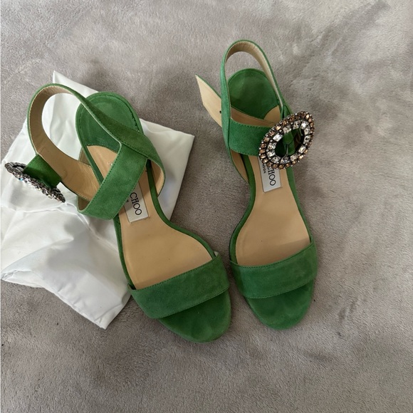 Jimmy Choo Shoes - Jimmy Choo Green Suede Sandals with Crystal Buckle